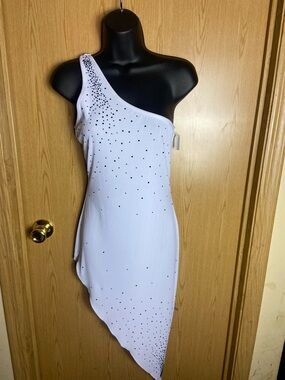 Asymmetric One-Shoulder White Dress with Embellished Dot Detail